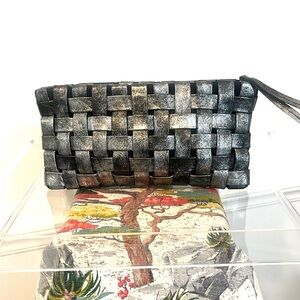 Leather clutch handbag by Latigo NJ-USA like New silver pewter finish on leather